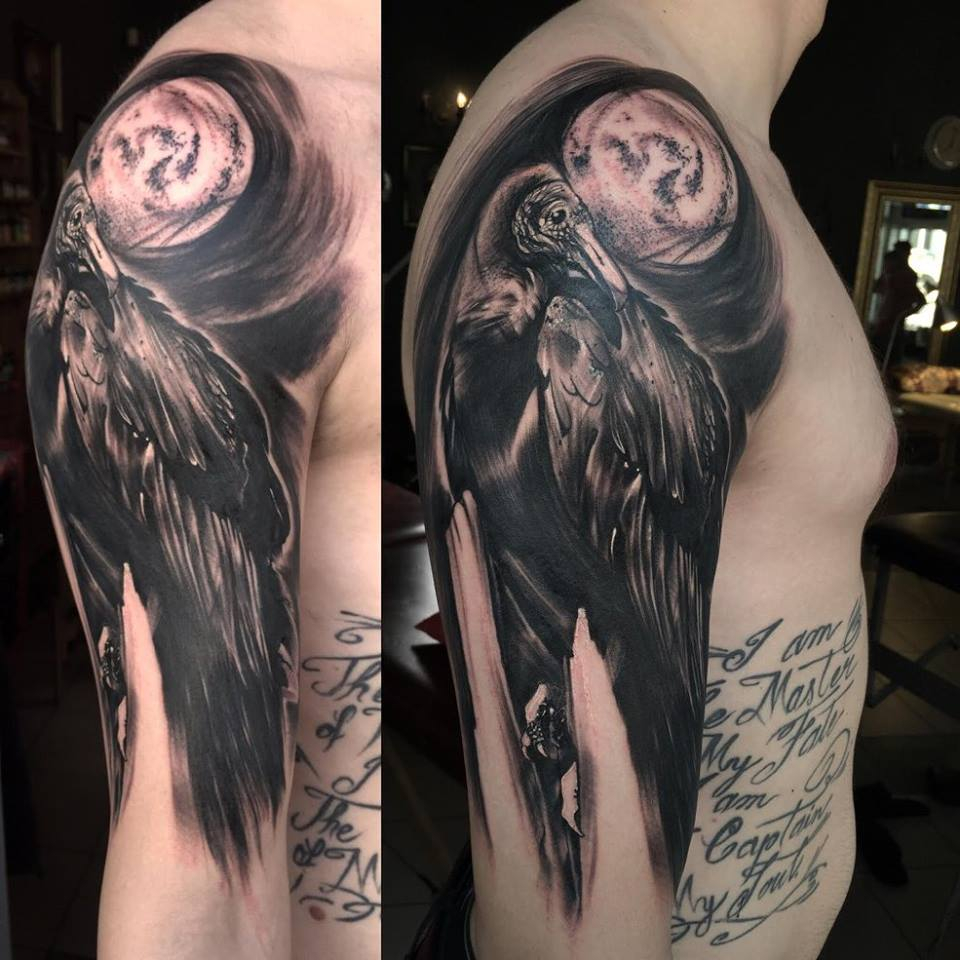 Black Ink Bird Tattoo On Man Right Half Sleeve with proportions 960 X 960