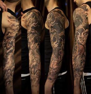 Black Ink Dragon Tattoo On Man Left Full Sleeve throughout measurements 1600 X 1642
