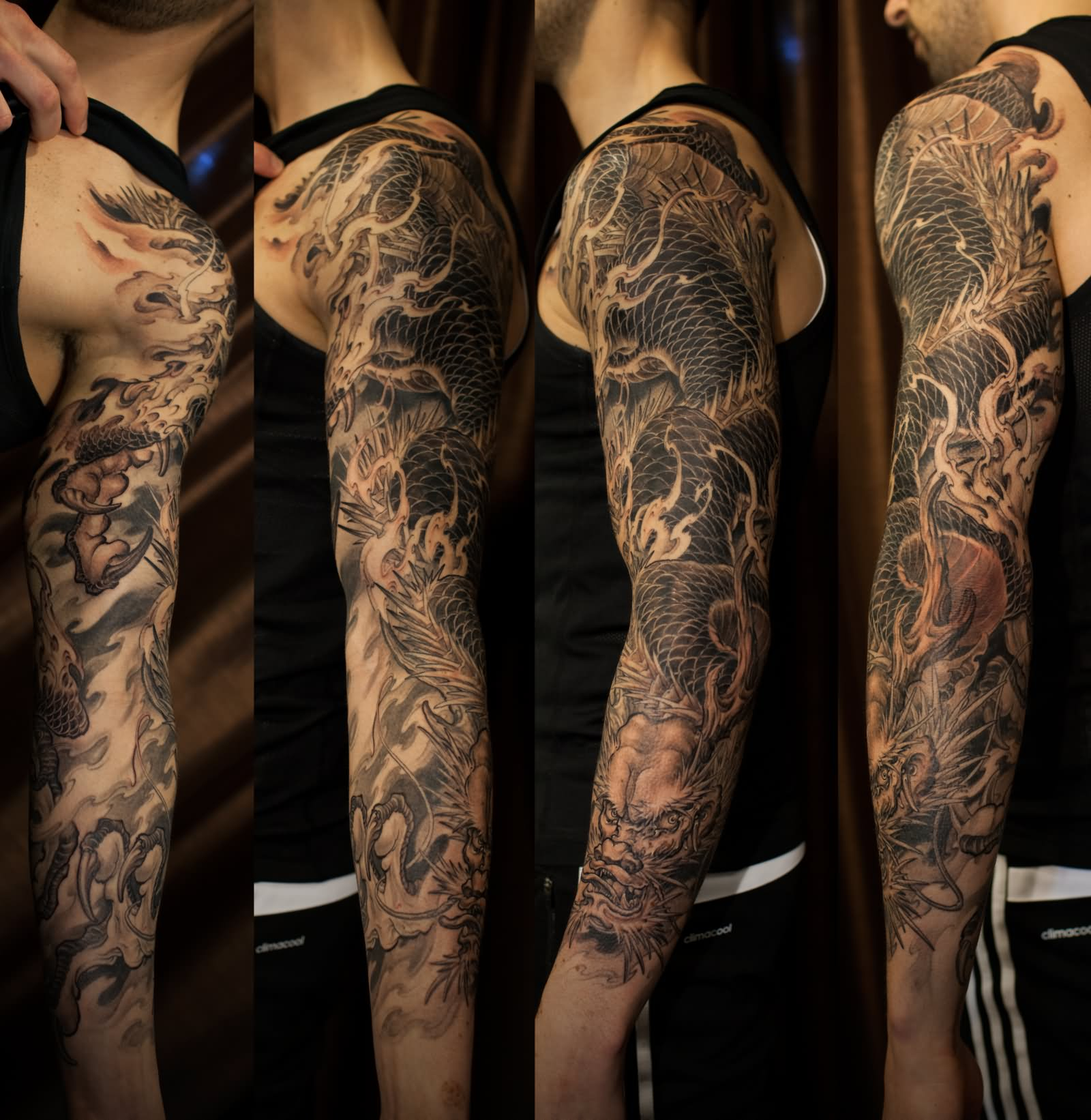 Black Ink Dragon Tattoo On Man Left Full Sleeve throughout measurements 1600 X 1642