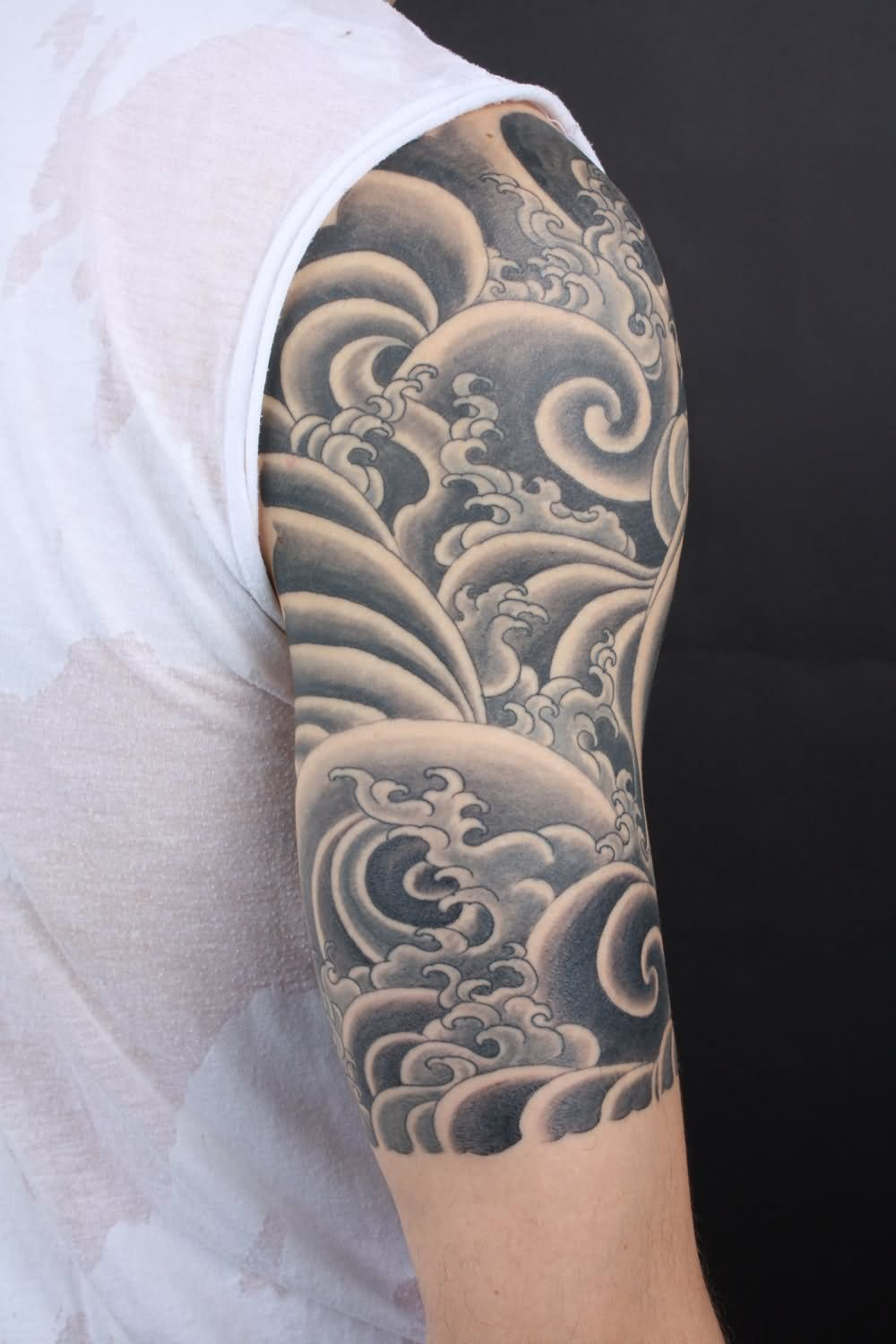 Black Ink Japanese Cloud Tattoo On Right Half Sleeve Tattoo intended for sizing 1000 X 1500