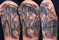 Black Ink Spartan Warrior And La Buildings Tattoo On Left Half for dimensions 2224 X 1420