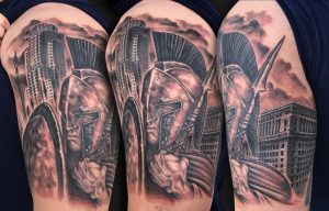 Black Ink Spartan Warrior And La Buildings Tattoo On Left Half for dimensions 2224 X 1420