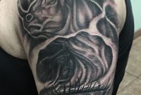 Black Ink Taurus With Virgo Eye Tattoo On Man Left Half Sleeve intended for dimensions 1152 X 1608