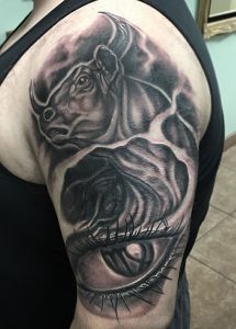 Black Ink Taurus With Virgo Eye Tattoo On Man Left Half Sleeve intended for dimensions 1152 X 1608