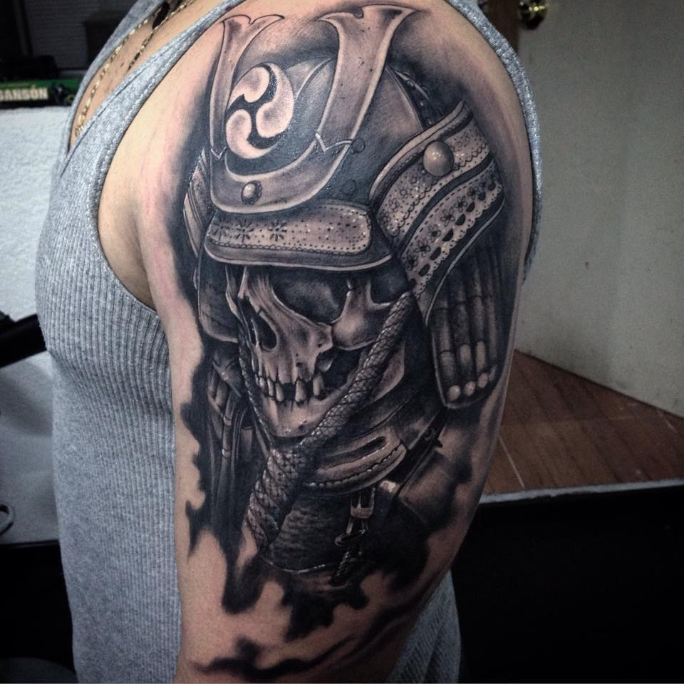 Black Ink Warrior Skull Tattoo On Man Left Half Sleeve regarding size 960 X 960