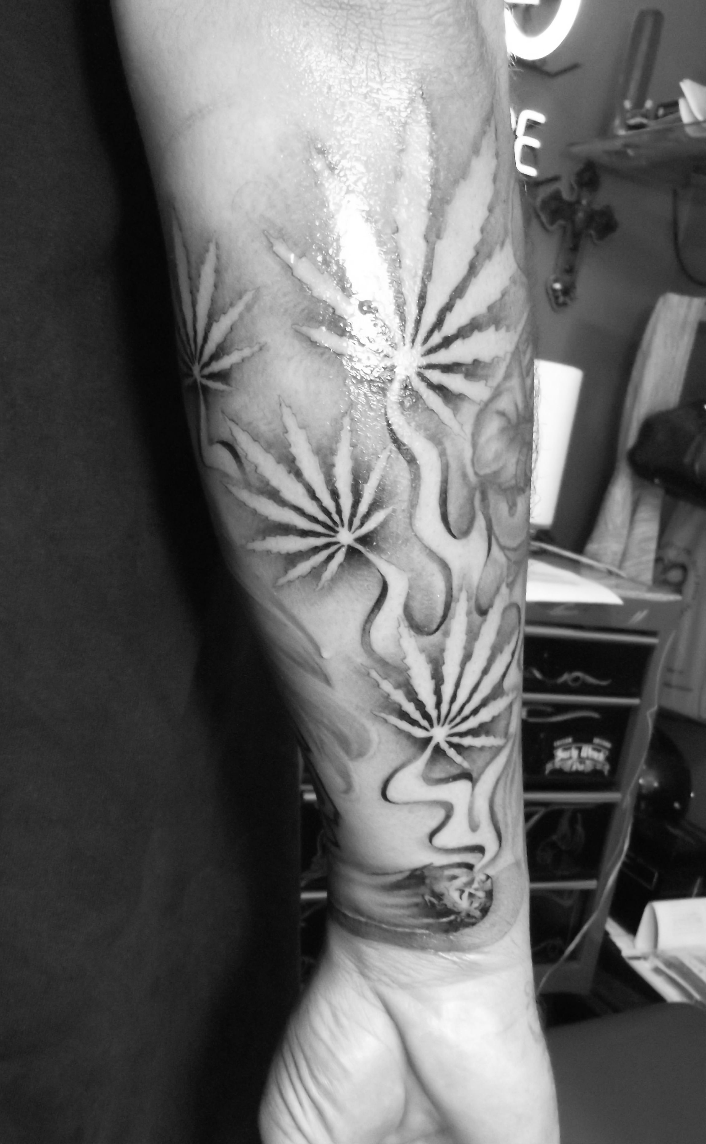 Black N White Leafs Tattoo On Lower Arm 23003727 Tattoo in proportions 2300 X 3727