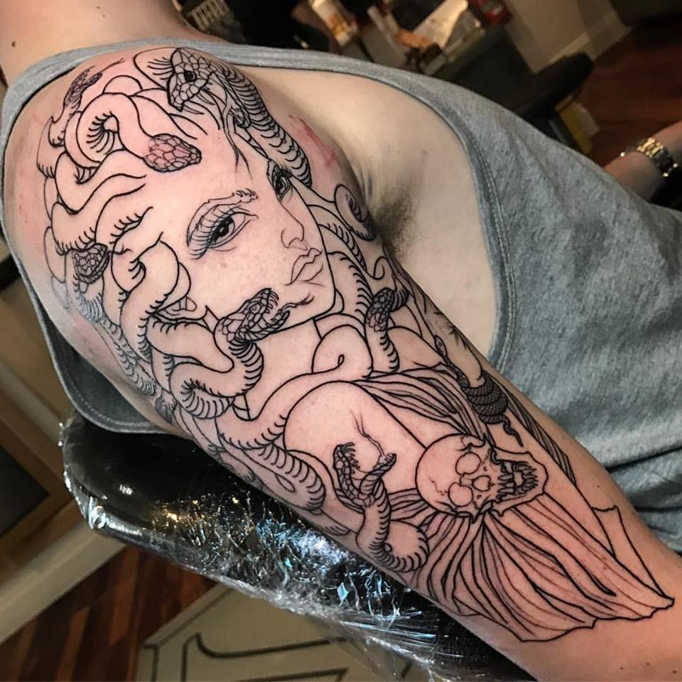 Black Outline Medusa Tattoo On Man Right Half Sleeve intended for measurements 960 X 960