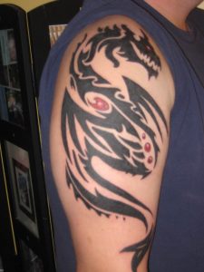 Black Tribal Dragon Tattoo On Right Half Sleeve intended for dimensions 768 X 1024