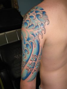 Blue Ink Japanese Waves Tattoo On Half Sleeve with dimensions 1944 X 2592
