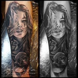 Clown Face Girl And Rose Half Sleeve Forearm Tattoo Instagram intended for dimensions 3508 X 3508