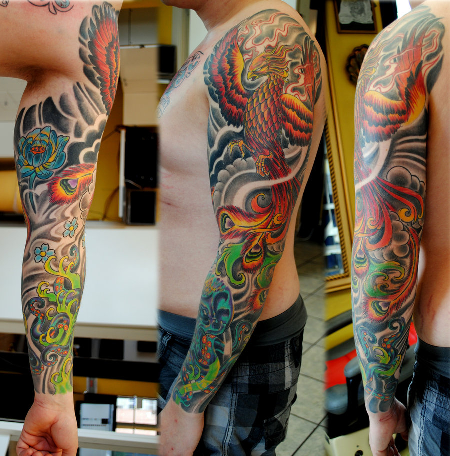 Colored Phoenix Sleeve Tattoo For Men intended for measurements 900 X 912