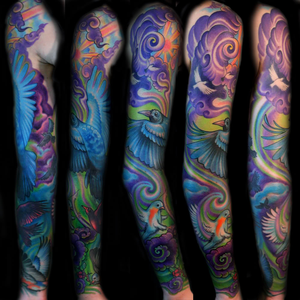 Colored Sleeve Tattoo Of Birds Design Of Tattoosdesign Of Tattoos throughout dimensions 1000 X 1000