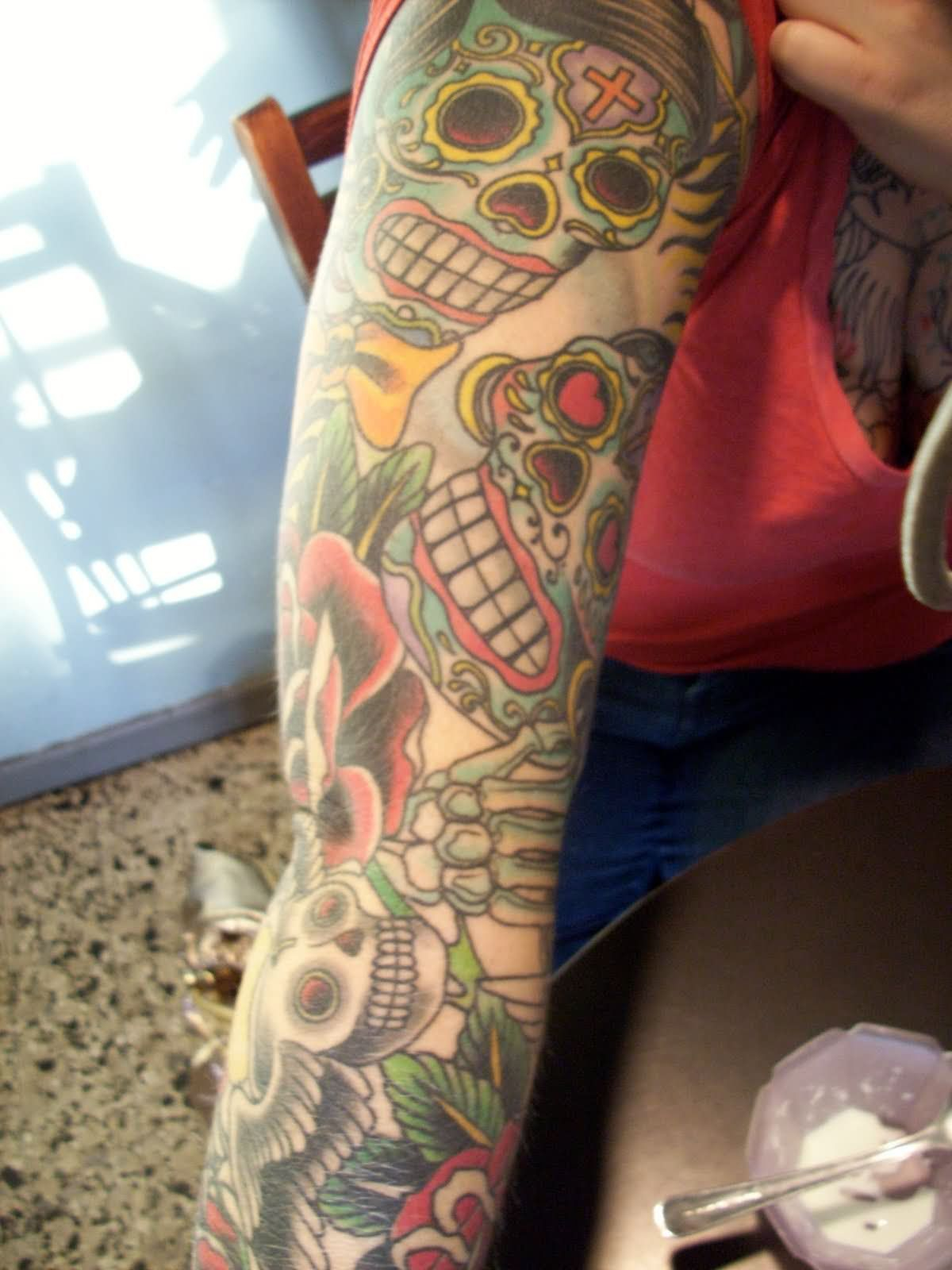 Colorful Dia De Los Muertos Couple Tattoo On Full Sleeve Colorful throughout dimensions 1200 X 1600