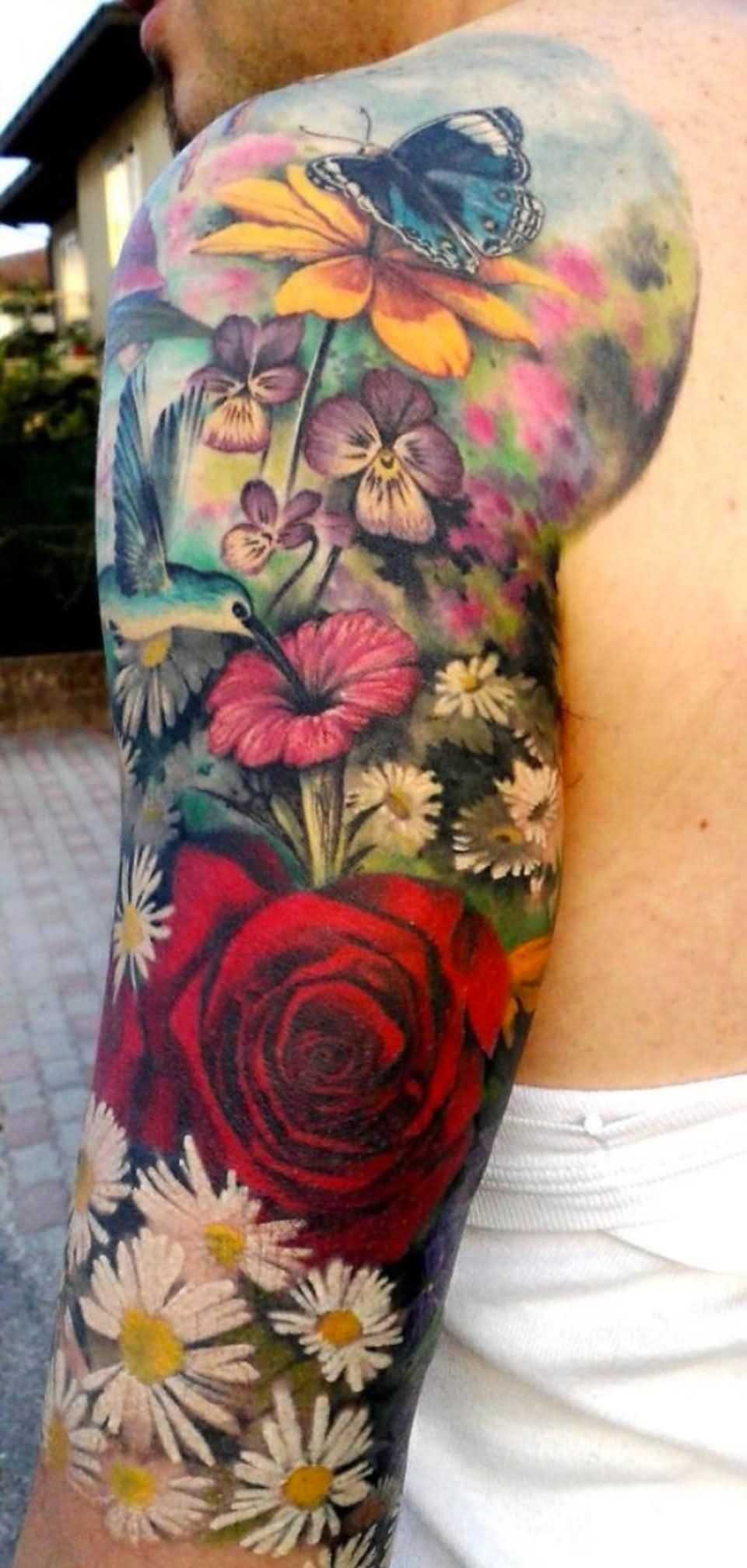 Colorful Floral With Butterfly Tattoo Design For Men Half Sleeve with regard to sizing 960 X 2016