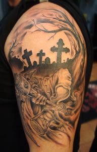 Cross And Grim Reaper Tattoo On Half Sleeve with proportions 1106 X 1725