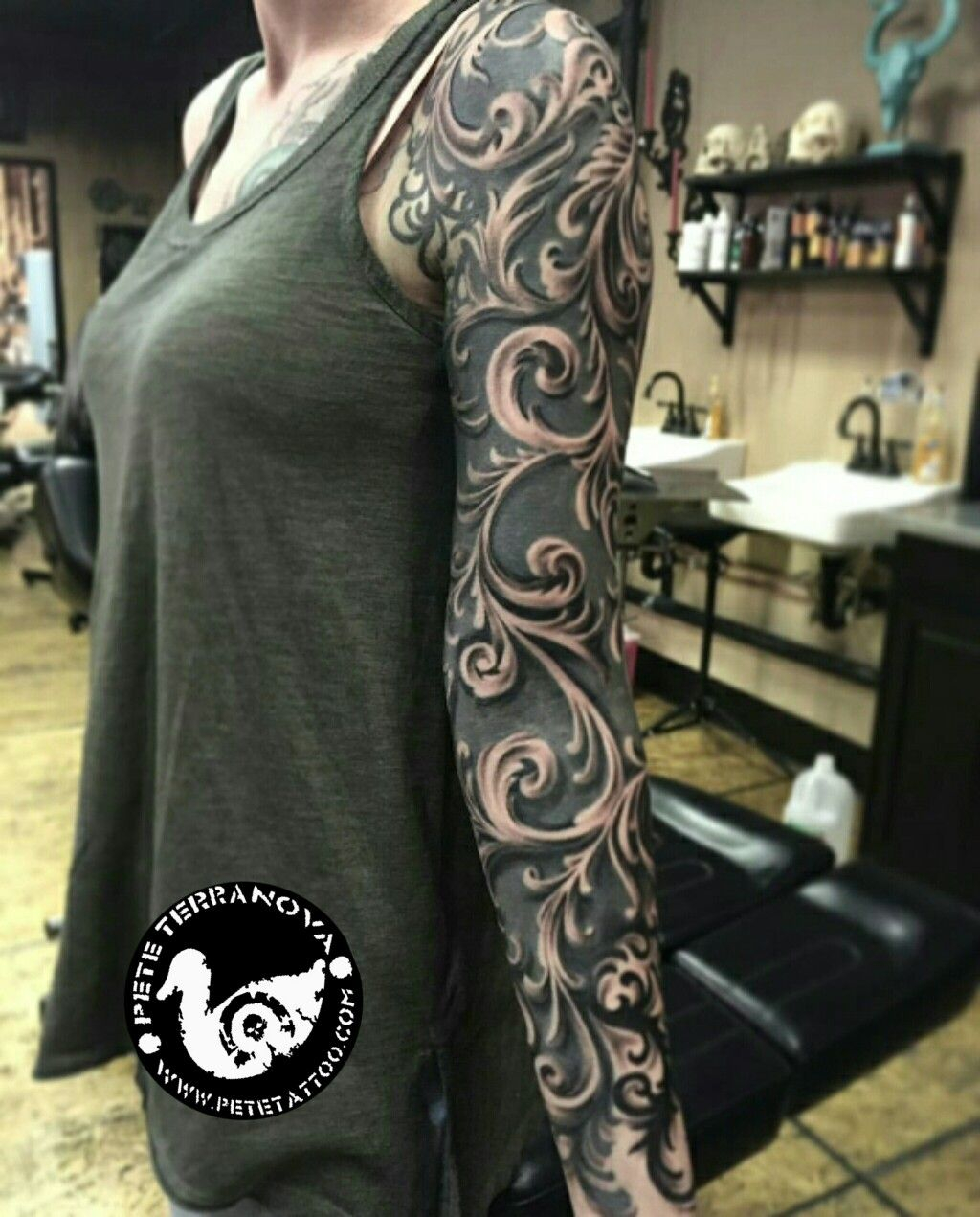 Custom Black And Gray Filigree Sleeve Tattoo Custom Tattoos regarding proportions 1024 X 1271