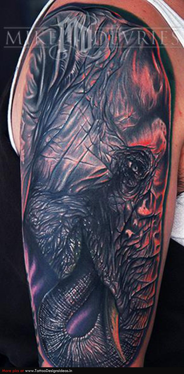Dark Ink Elephant Head Tattoo On Half Sleeve pertaining to measurements 630 X 1277