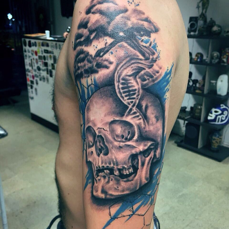 Dna Chain And Skull Tattoo On Left Half Sleeve Canvas Tattoos in size 960 X 960