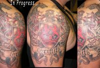 Dragons And Family Crest Tattoo On Half Sleeve Family Half Sleeve for size 2836 X 1324