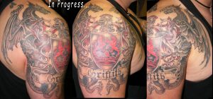 Dragons And Family Crest Tattoo On Half Sleeve Family Half Sleeve with regard to sizing 2836 X 1324