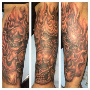 Flaming Skull Tattoo Sleeve Done Ricky Garza In Victoria Tx Got in proportions 1136 X 1136