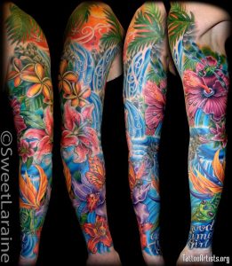 Flower Sleeve Tattoo Everybody Loves This Tattoo Of Tropical for size 891 X 1024