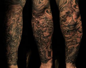 Foo Dogtemple Tattoo Sleeve Half Sleeve Foo Dog And Pagoda Tattoo in sizing 1024 X 804