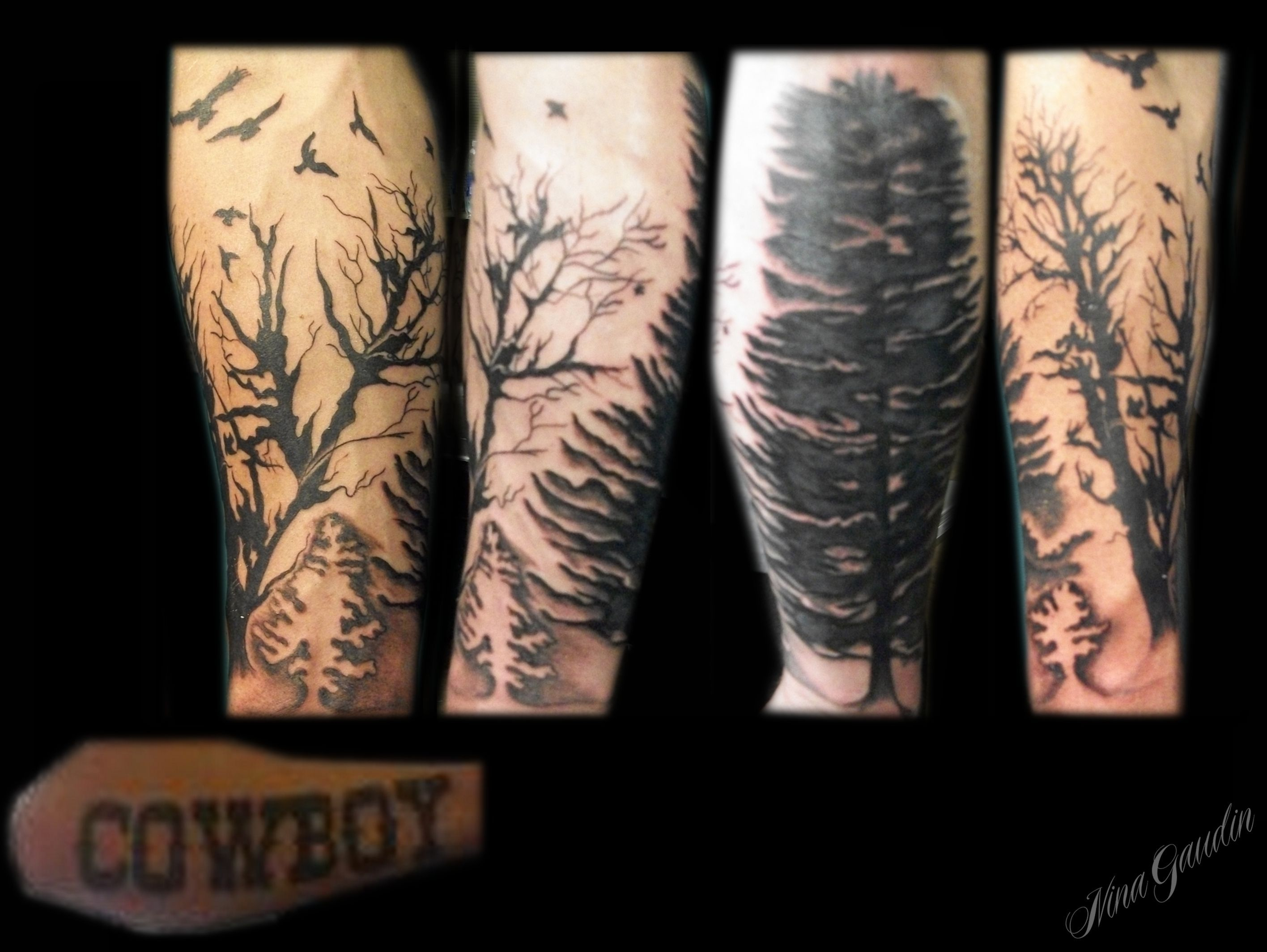 Forearm Tree And Bird Silhouette Half Sleeve Cover Up Tattoo throughout size 2832 X 2128