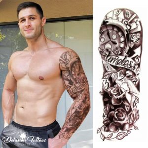 Full Sleeve Arm Temporary Tattoo Timeless Clock Face Roses Mens pertaining to proportions 1080 X 1080