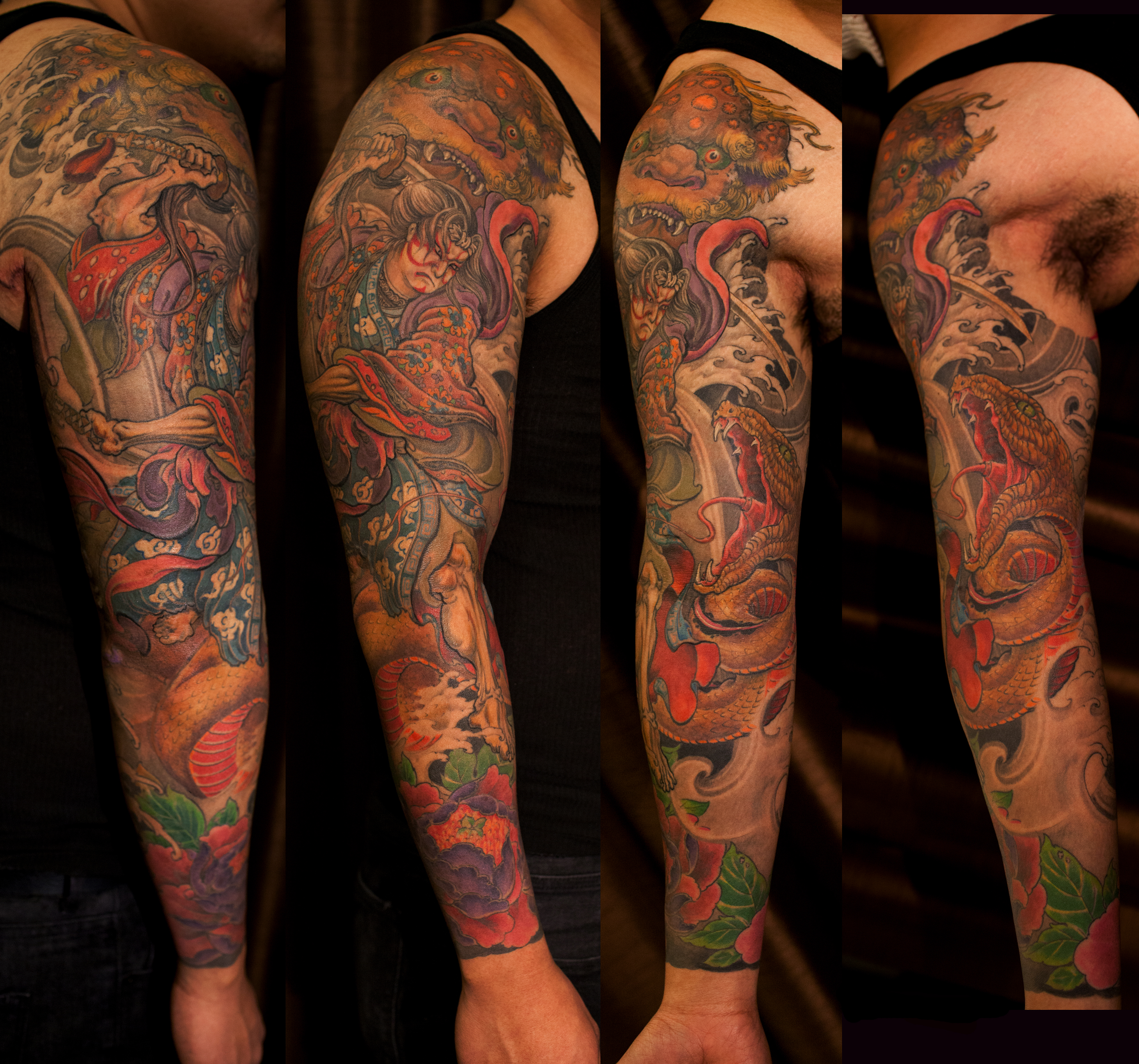 Full Sleeve Colour Samurai Snake Foo Dog And Peony Flower Tattoo pertaining to size 4000 X 3738