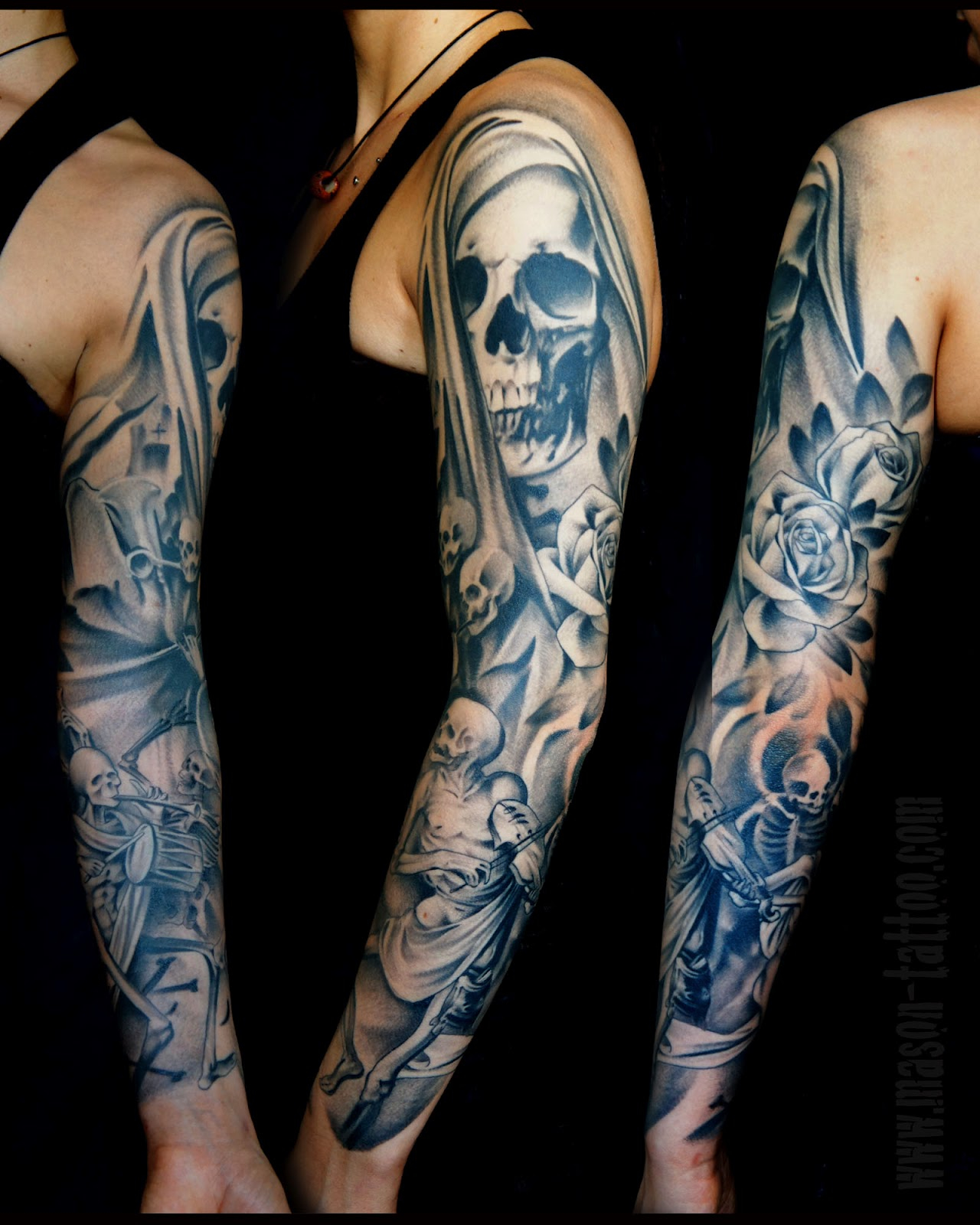 Full Sleeve Death Skulls And Rose Tattoo Designs Tattooshunt throughout size 1280 X 1600