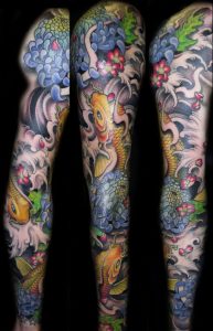 Full Sleeve Koi Fish Chrysanthemum Tattoo Design 7221120 regarding size 722 X 1120