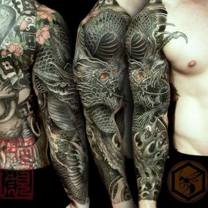 Full Sleeve Tattoo Is Completed With A Black Dragon Representing for proportions 1080 X 1080