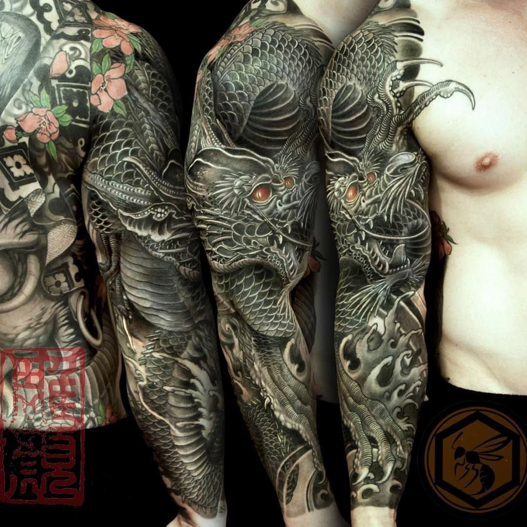 Full Sleeve Tattoo Is Completed With A Black Dragon Representing for proportions 1080 X 1080