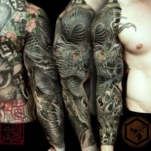Full Sleeve Tattoo Is Completed With A Black Dragon Representing inside measurements 1080 X 1080