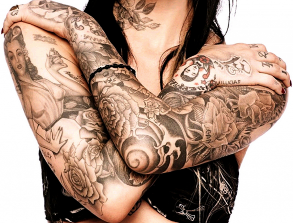 Girl With Grey Ink Sleeve Tattoos in size 1024 X 780