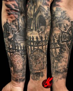 Graveyard Tombstone Sleeve Tattoo Jackie Rabbit Tattoo throughout dimensions 1024 X 1280