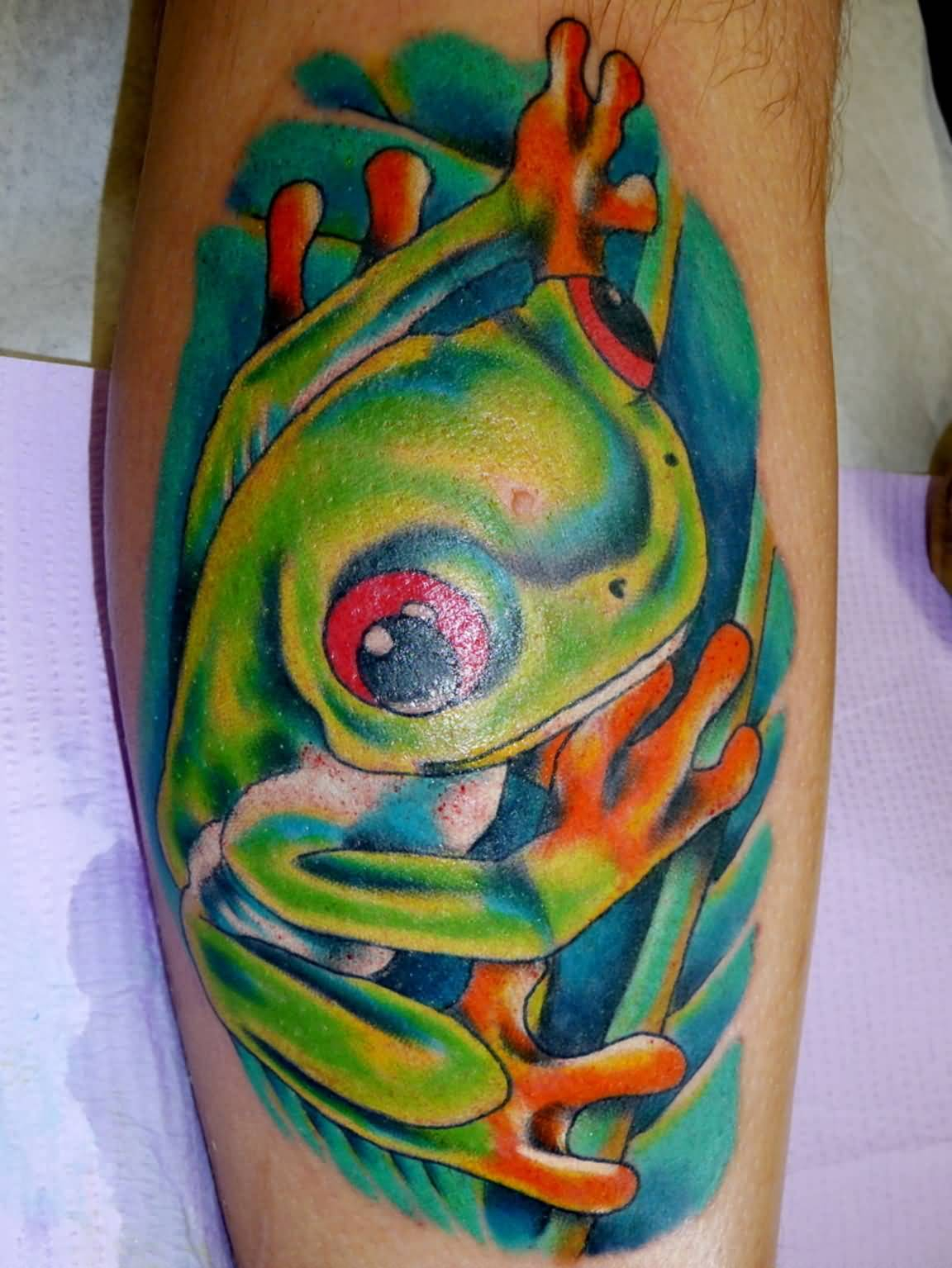 Green Frog Tattoo On Leg Sleeve throughout sizing 1152 X 1535