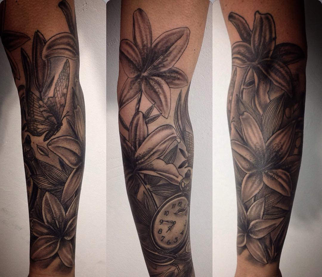 Grey And Black Lily Tattoo On Full Sleeve throughout size 1080 X 928