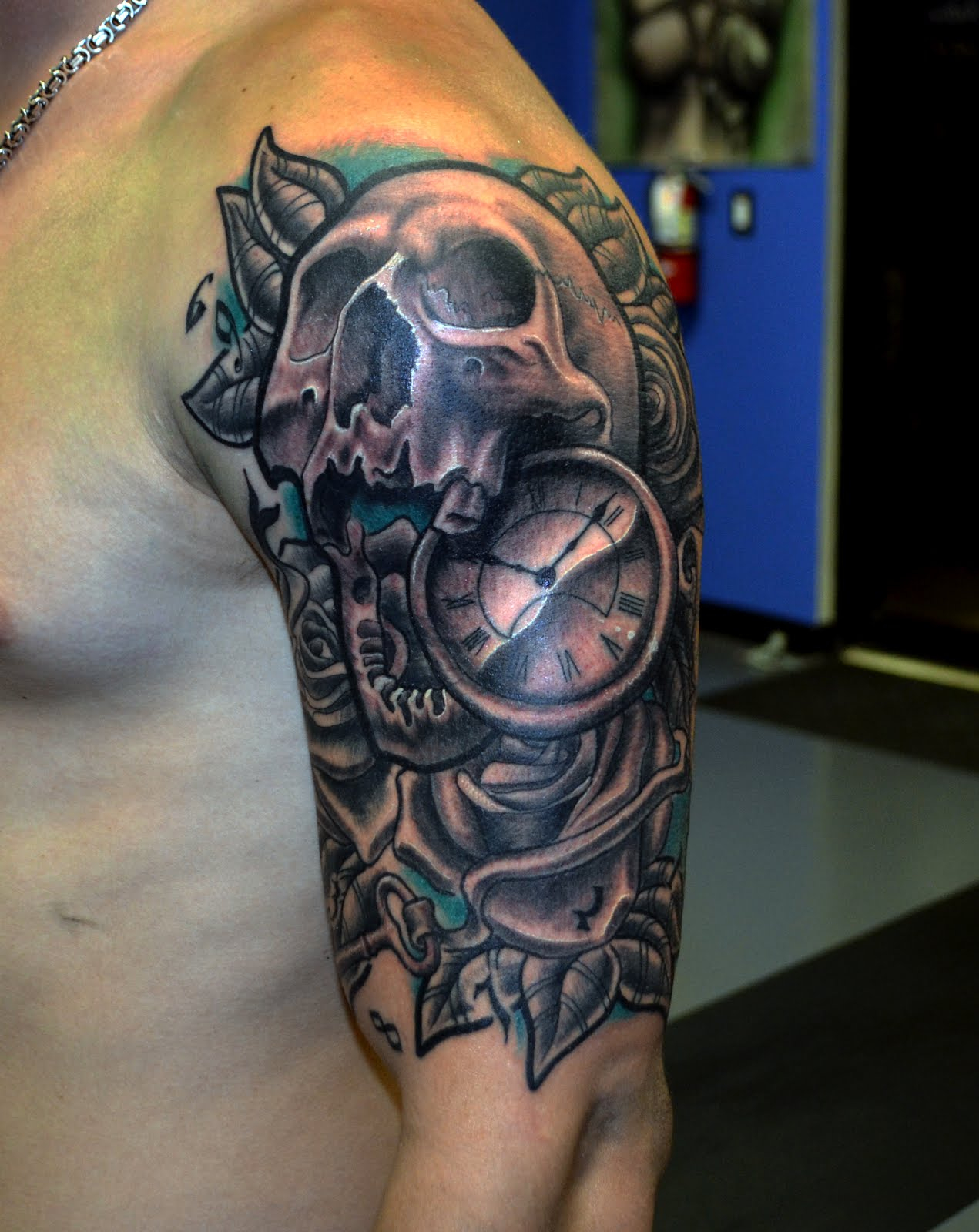 Grey Clock And Skull Half Sleeve Tattoo with dimensions 1271 X 1600