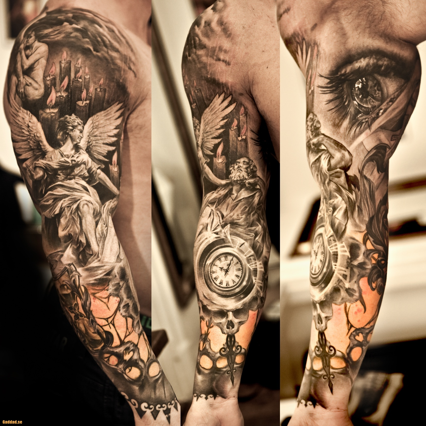 Grey Ink Angel And Eye Sleeve Tattoos with proportions 1654 X 1654
