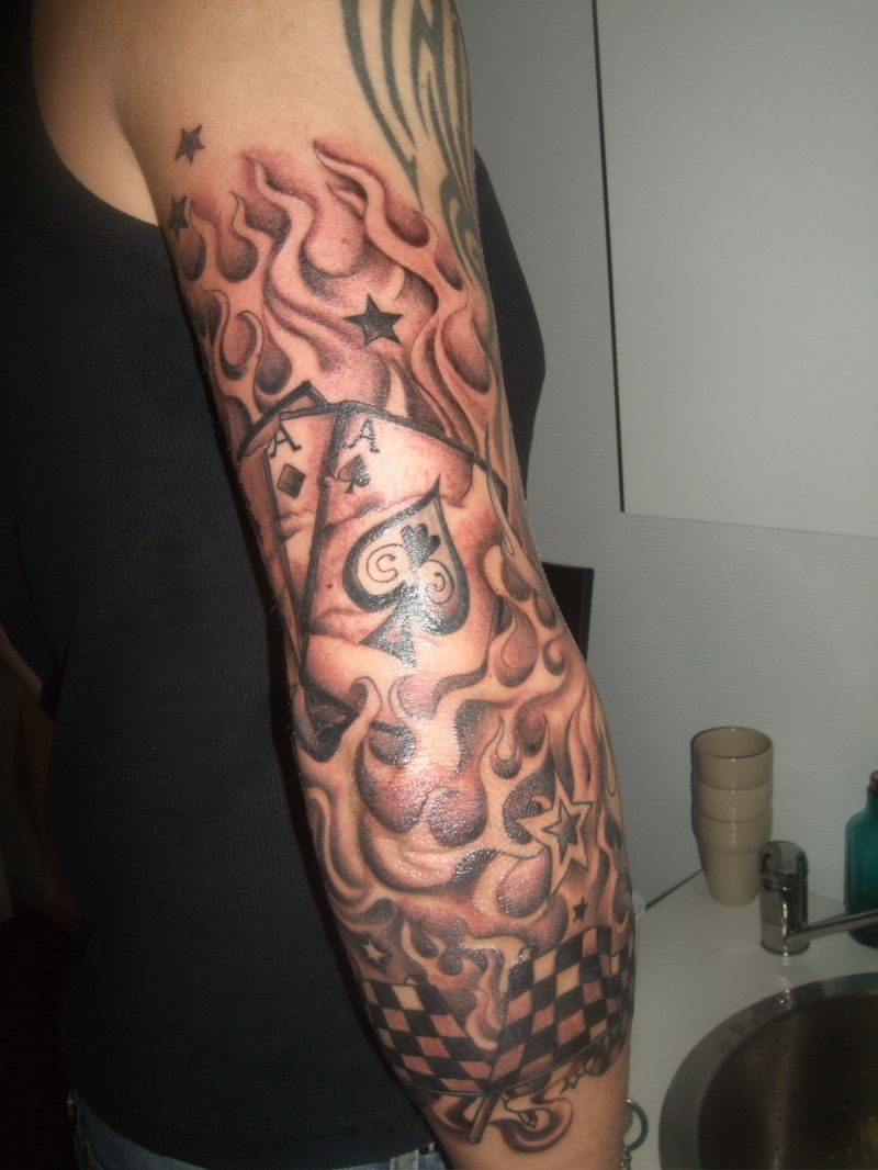 Grey Ink Cards And Fire And Flame Tattoo On Sleeve Harley N Mr intended for proportions 800 X 1066