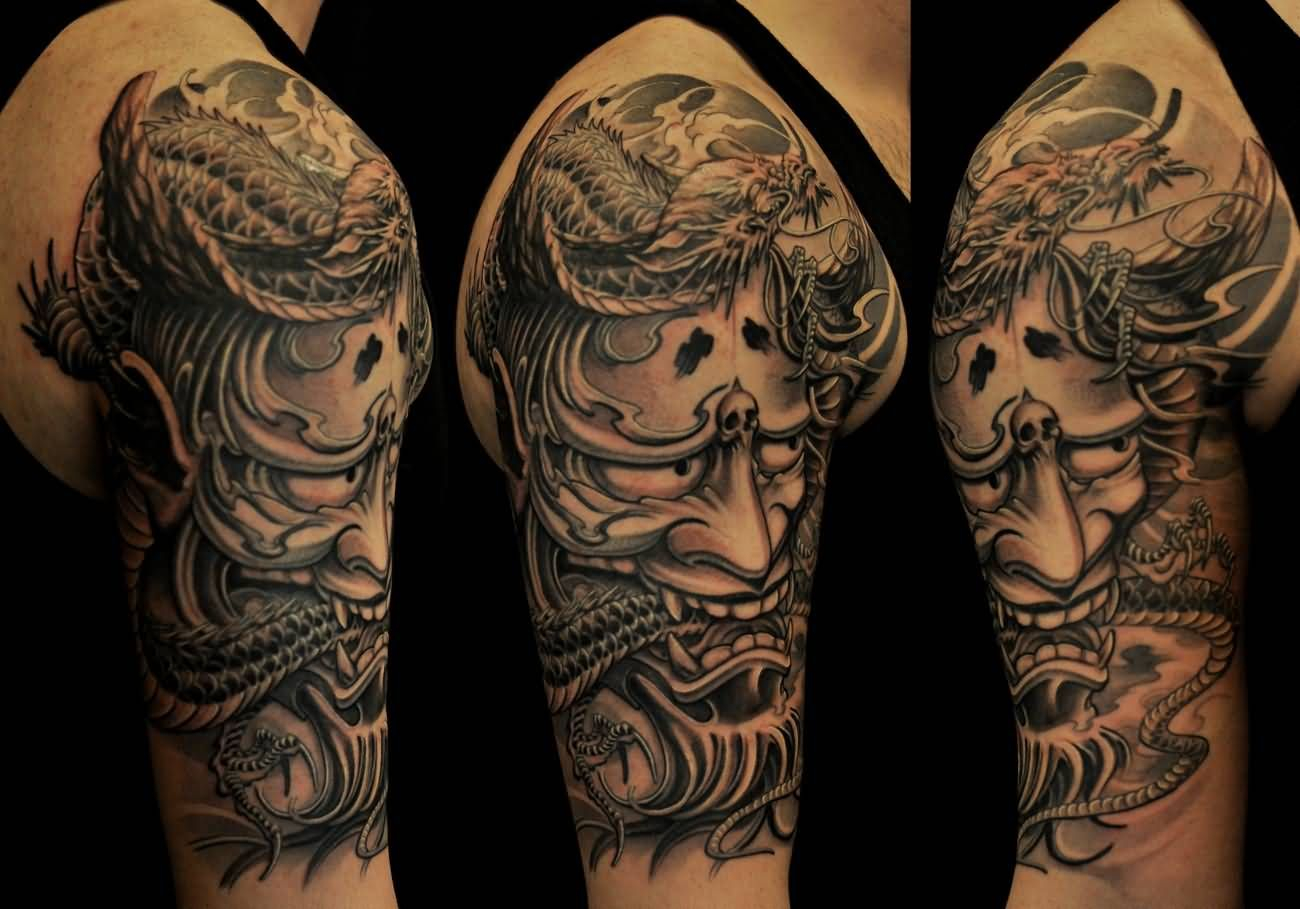 Grey Ink Hannya Tattoo On Right Half Sleeve Dragon Tattoo Arm for dimensions 1300 X 909