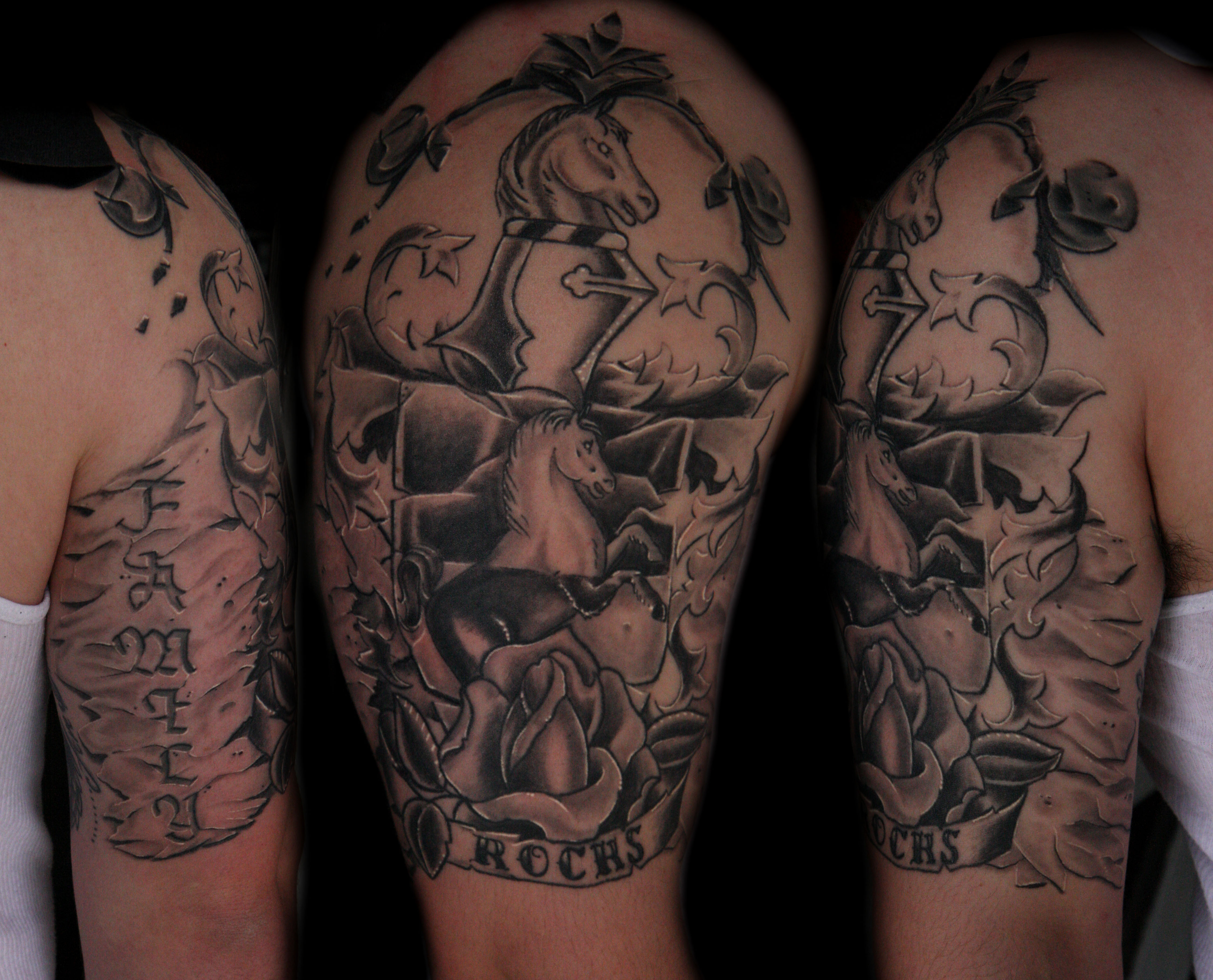 Grey Ink Right Half Sleeve English Family Crest Tattoo with regard to proportions 4500 X 3636