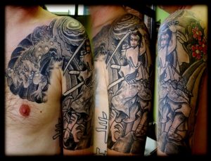 Grey Ink Samurai Left Half Sleeve Tattoo Design regarding dimensions 1024 X 780