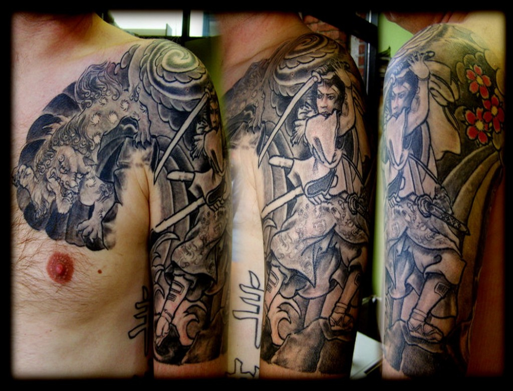 Grey Ink Samurai Left Half Sleeve Tattoo Design regarding dimensions 1024 X 780