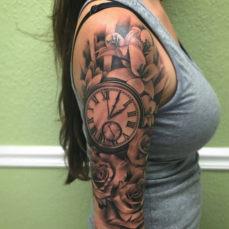 Grey Rose Flowers And Clock Tattoo On Right Half Sleeve Travis inside dimensions 960 X 960