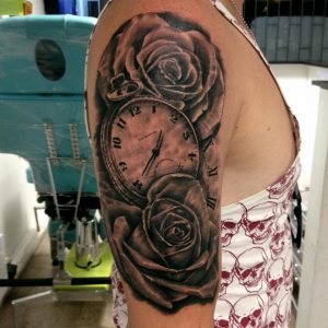 Grey Rose Flowers And Watch Tattoo On Right Half Sleeve Daniel Rozo within sizing 960 X 960