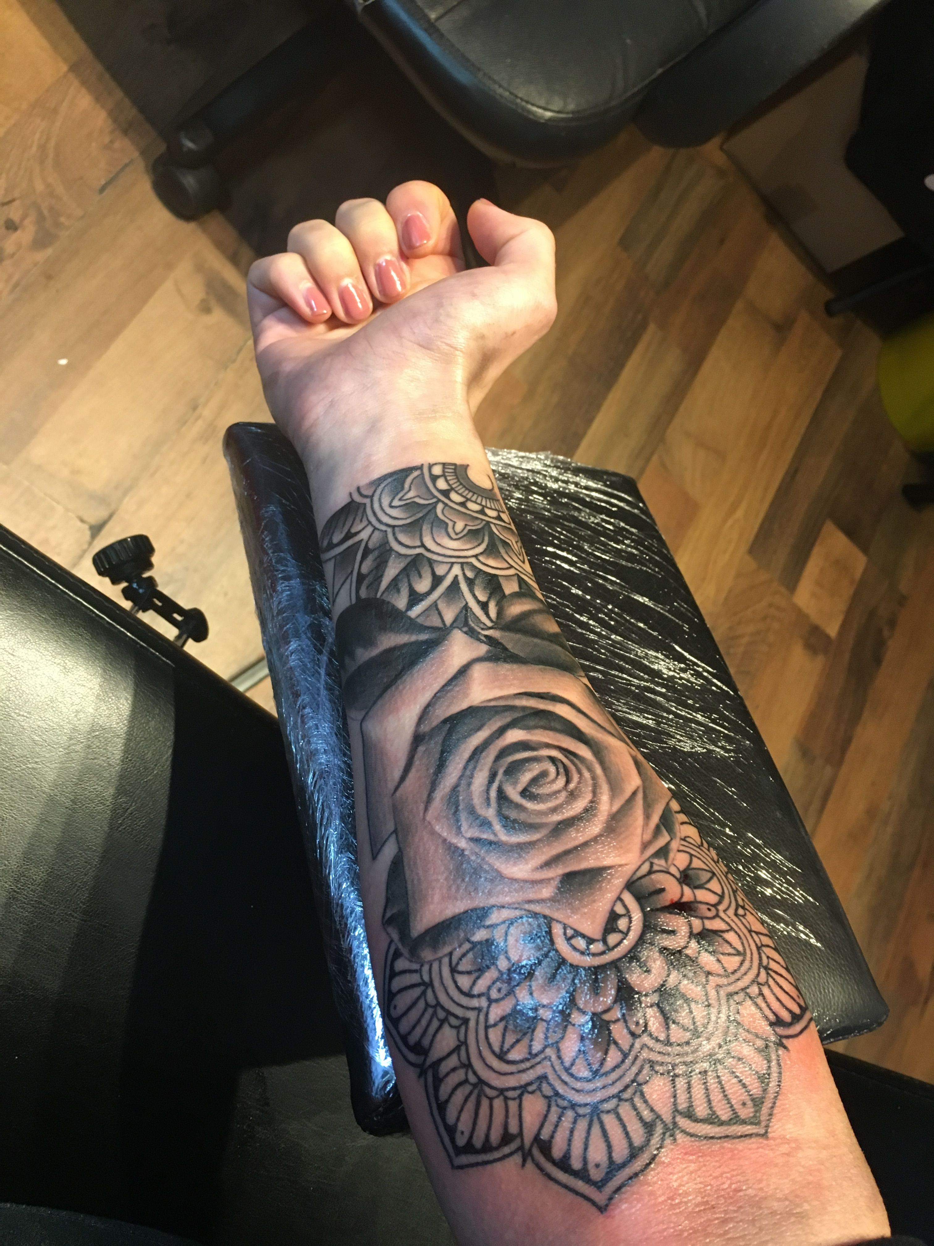 Half Mandala Rose Sleeve Women Female Tattoo Black And White Grey with regard to proportions 3024 X 4032