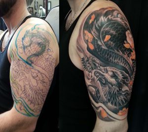 Half Sleeve Black And Grey Colour Dragon Cover Up Tattoo 3648 for measurements 3648 X 3264